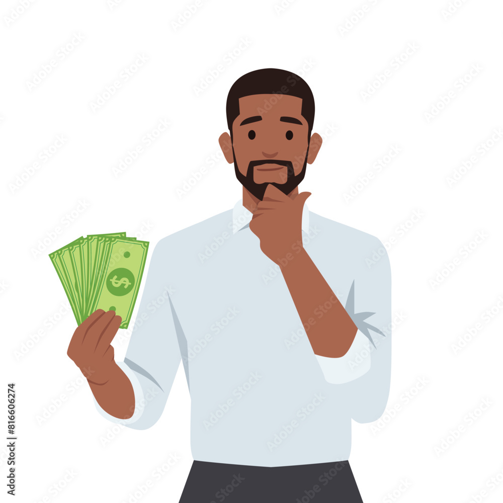 Young black holding money and hand on chin thinking what to invest with his money. Flat vector illustration isolated on white background Young black holding money and hand on chin thinking what to invest with his money. Flat vector illustration isolated on white background