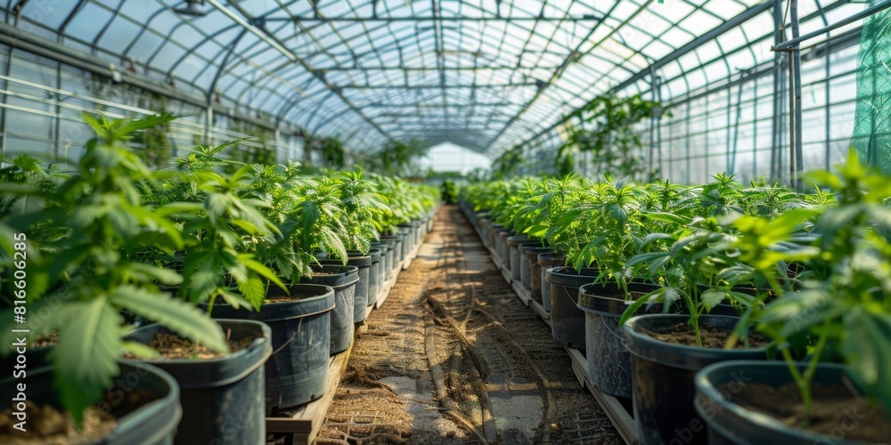 A cannabis greenhouse interior with advanced hydroponic systems in operation. A cannabis greenhouse interior with advanced hydroponic systems in operation.
