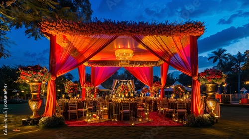 Under the shimmering night sky  the wedding tents burst with vibrant hues  creating a mesmerizing canopy for an unforgettable celebration.