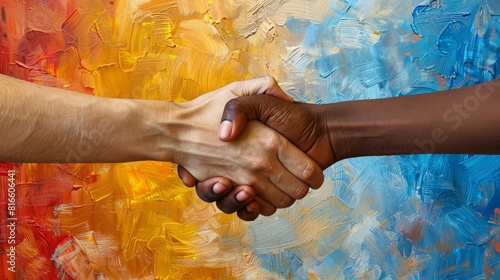 Business handshake. Multiracial business partners shaking hands over colorful background photo