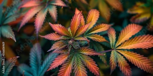 A cannabis plant with unusual coloring due to genetic modifications, in a research setting.