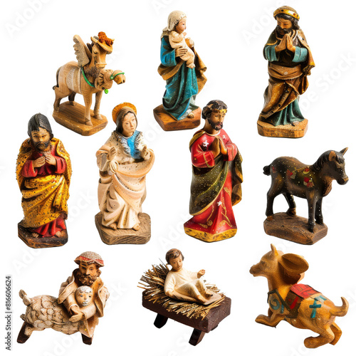 Traditional Christmas Nativity Scene with Isolated Figures and Animals, Depicting the Birth of Jesus.