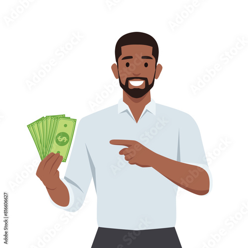 Young businessman showing cash, money and pointing index finger. Flat vector illustration isolated on white background