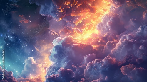 Fantastic fractal cloudscape with glowing stars.