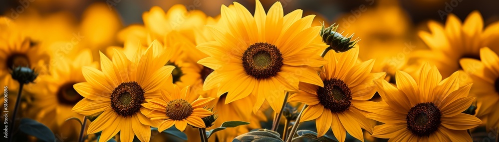 Obraz premium Close-up of a field of sunflowers in full bloom, with a blurred background.