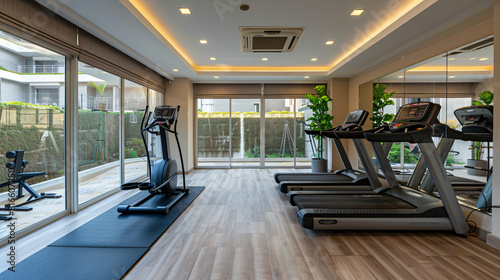 Interior of gym with modern treadmill elliptical train photo