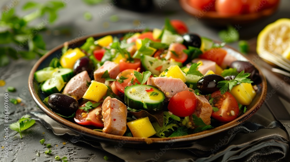 Nicoise salad fresh vegetables, olives tuna on plate