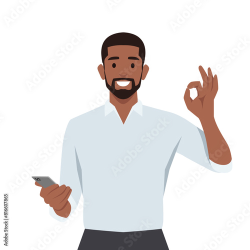 Happy young man showing smartphone and showing okay sign. Flat vector illustration isolated on white background