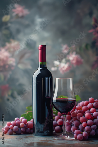 A bottle of red wine, a glass of red wine, and grapes on a table. Grapes are a seedless fruit from a flowering plant, used as an ingredient in natural foods. Copy space