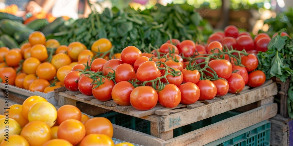 A close-up of an organic farmer market stand, bursting with a variety of fresh vegetables. A close-up of an organic farmer market stand, bursting with a variety of fresh vegetables.