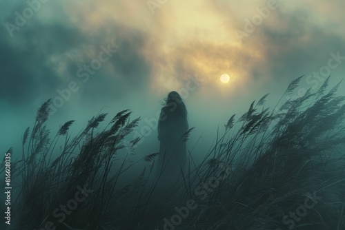 The dark figure standing in the middle of a tall grass field during a foggy day