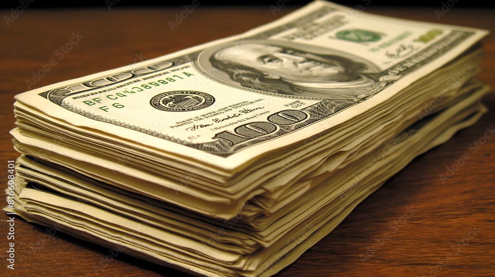 Stack of hundred dollar bills on wooden table Stack of hundred dollar bills on wooden table