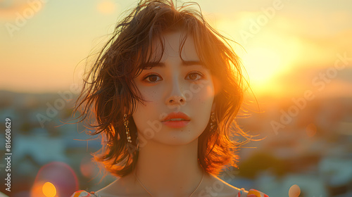 Stylish Asian woman with pixie bob hair poses against a vibrant cityscape on a rooftop. The serene and candid moment, Soft backlight and moody atmosphere, Authentic beauty in an urban chic setting.