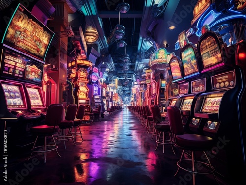 Gamers enjoy vibrant slot machines at a Las Vegas casino at night.