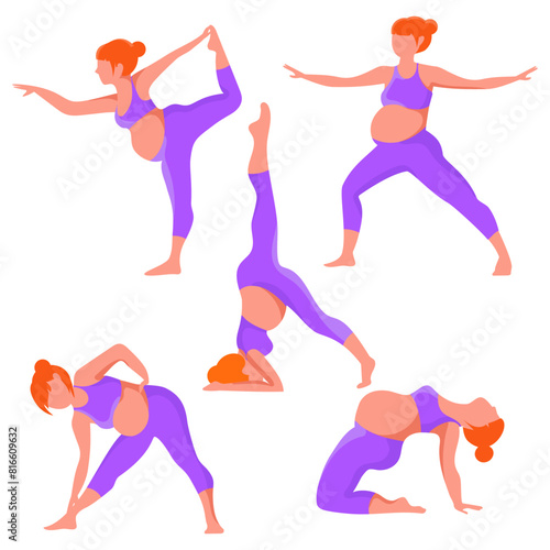 Yoga for pregnant women set.Active pregnancy.Pregnant women doing yoga and exercises for stretching and relaxation.Yoga set.Healthy lifestyle and relaxation.Vector illustration