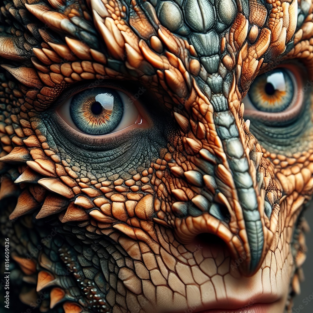 Fototapeta premium A hyper-realistic close-up of a fantastical reptilian creature with intricate scales and captivating blue eyes.. AI Generation