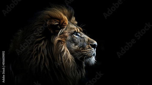 Black background  solitary lion in the foreground
