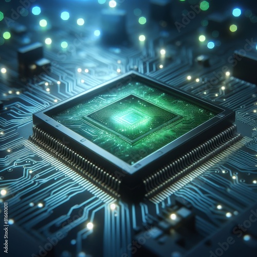 A central processing unit glows on a circuit board with intricate connections, symbolizing advanced technology.. AI Generation