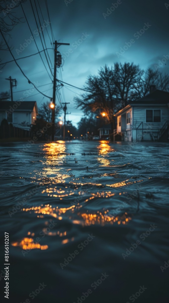 Fototapeta premium The photo shows a flooded street in a small town