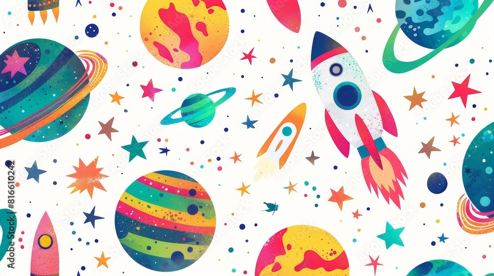 This vibrant image features a cartoon-like depiction of space with rockets, planets, stars, and comets in a playful and whimsical style This vibrant image features a cartoon-like depiction of space with rockets, planets, stars, and comets in a playful and whimsical style
