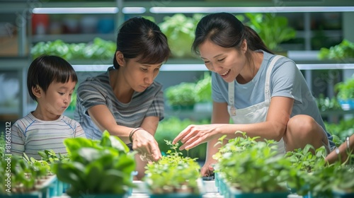 A family planting seeds in a high-tech indoor farm