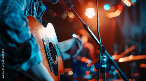 Close-up shot of a popular singer performing live on stage, captivating the audience with their talent and charisma