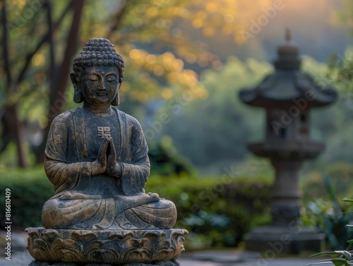 The photo shows a stone statue of Buddha sitting in a meditative pose in a peaceful garden.