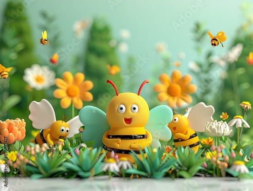 Kids Gift Cards Mockups  Happy cartoon bees buzzing and playing among vibrant flowers in a lush  whimsical garden filled with blooming plants.