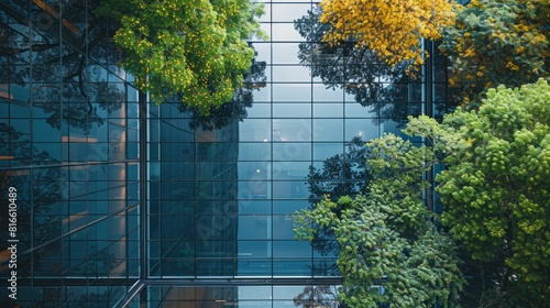 The photo shows green and yellow leaves of the trees behind the transparent glass wall.