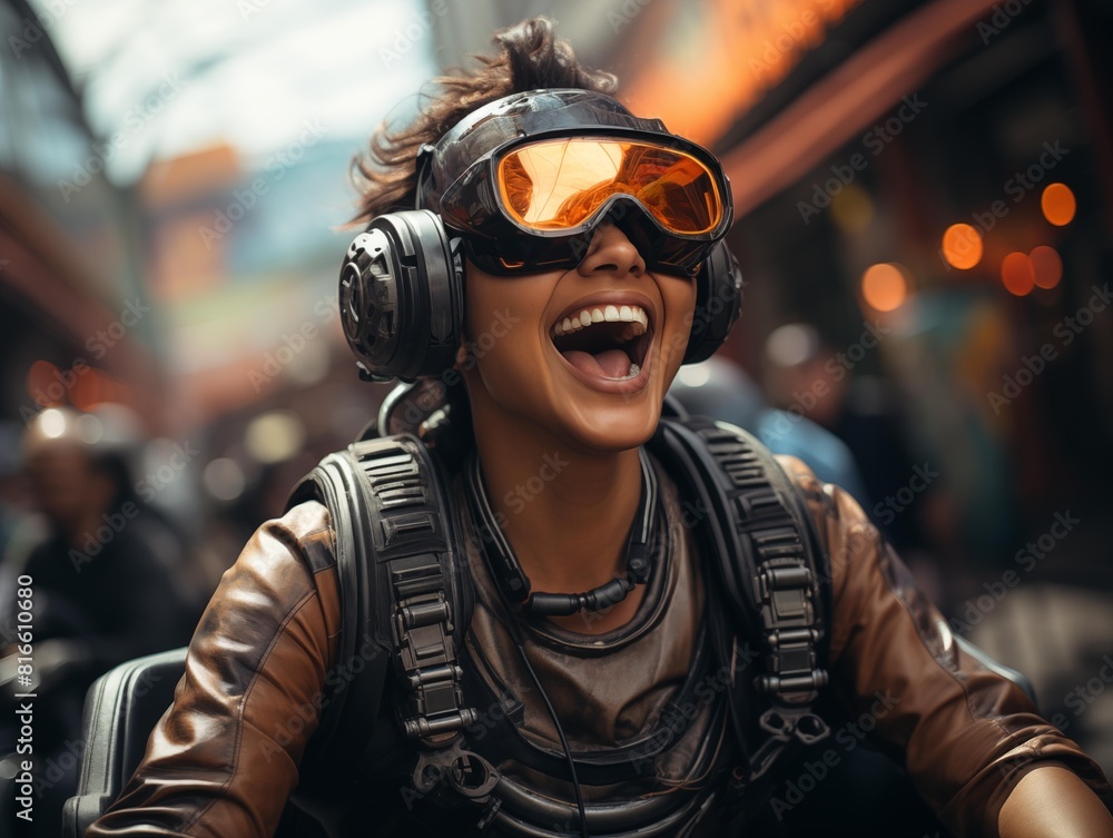 Joyful Woman with Goggles and Headphones in a Bustling City Street Joyful Woman with Goggles and Headphones in a Bustling City Street