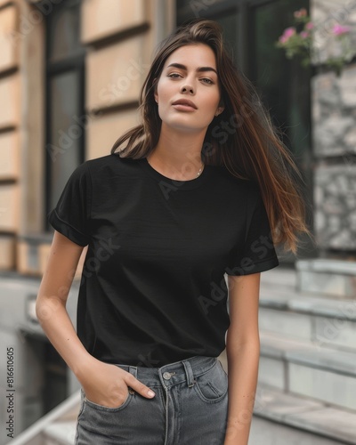 A stylish young woman in casual wear posing confidently with modern architecture as backdrop, exuding urban fashion vibes