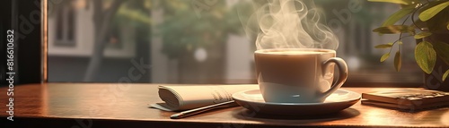Cup of coffee on the table in the morning light. photo