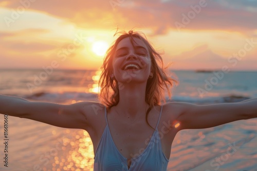 Joyful Woman Embracing Sunset at the Beach  Happy and Free 