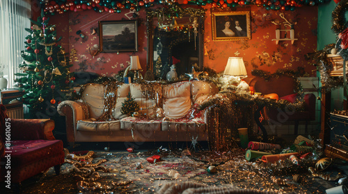 Interior of messy living room with sofa and tinsel aft photo