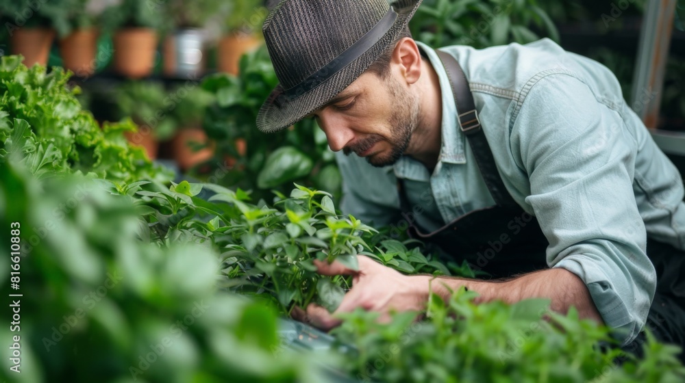 A farmer checking the growth of organic herbs in a closed system farm