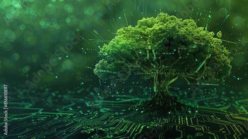 A vibrant tree with its roots in the form of a digital circuit board represents the fusion of nature and technology