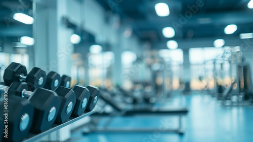 Blurred Background of Modern Gym with Dumbbells and Fitness Equipment