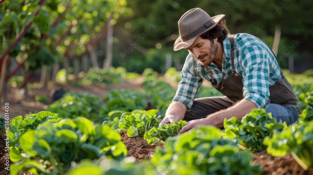 A farmer examining the soil quality in an organic vegetable field A farmer examining the soil quality in an organic vegetable field