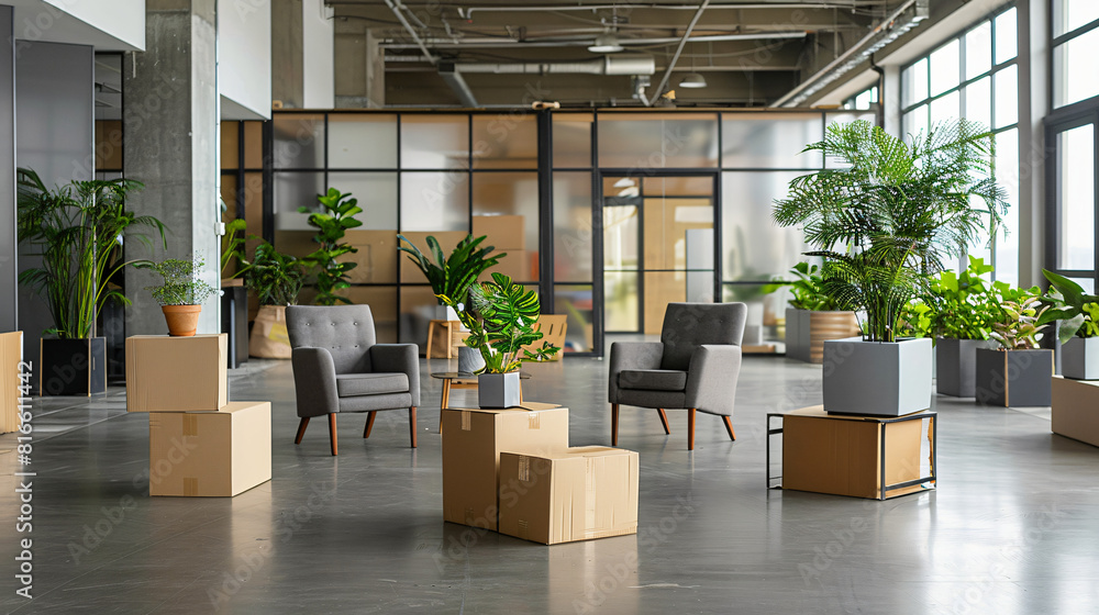 Interior of modern office with chairs houseplants and