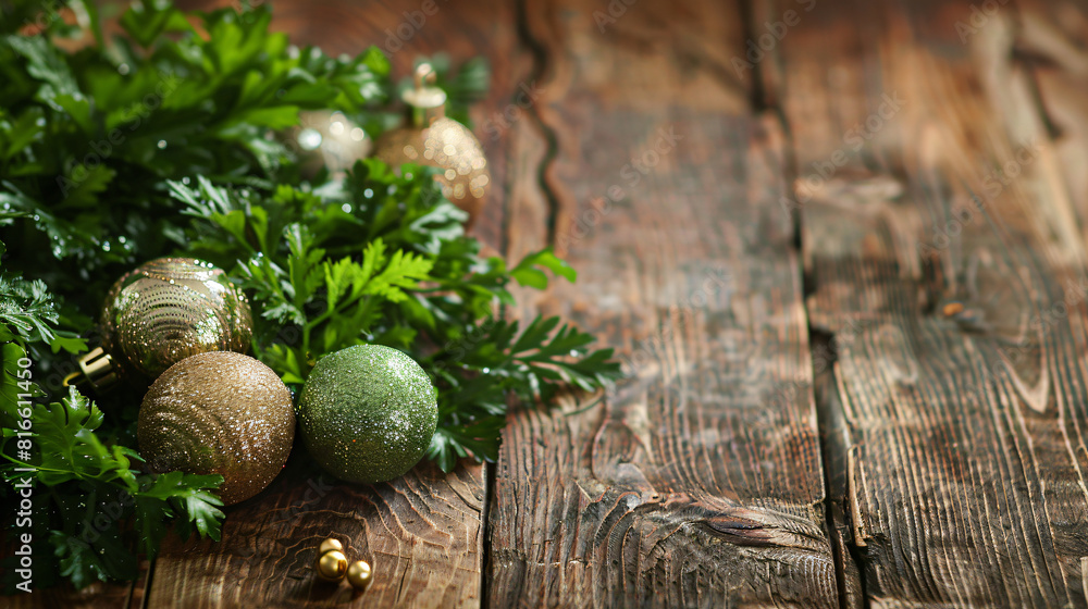 Fresh parsley and Christmas decor on wooden background