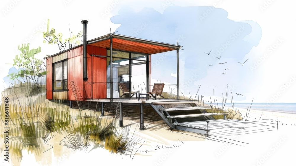 Coastal tiny house sketches, highlighting innovative design solutions for compact seaside living. Perfect for architectural firms or real estate developers.