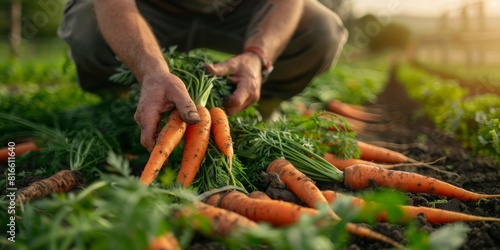 A farmer harvesting vibrant organic carrots in an open field.