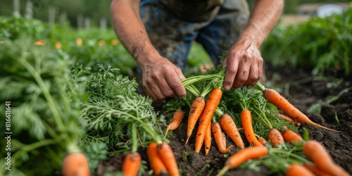 A farmer harvesting vibrant organic carrots in an open field.