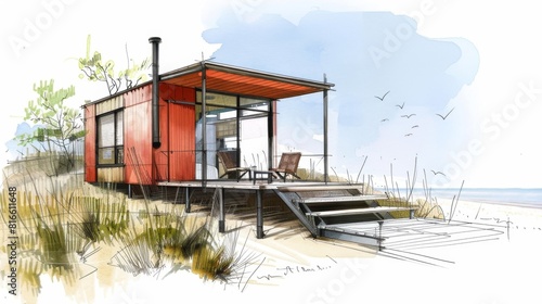 Coastal tiny house sketches, highlighting innovative design solutions for compact seaside living. Perfect for architectural firms or real estate developers. © panu101