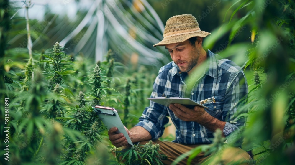 A farmer inspecting cannabis plants with a clipboard in hand
