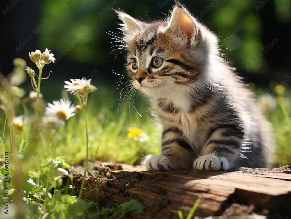 Cute kitten sitting on a log in a field of flowers. Cute kitten sitting on a log in a field of flowers.