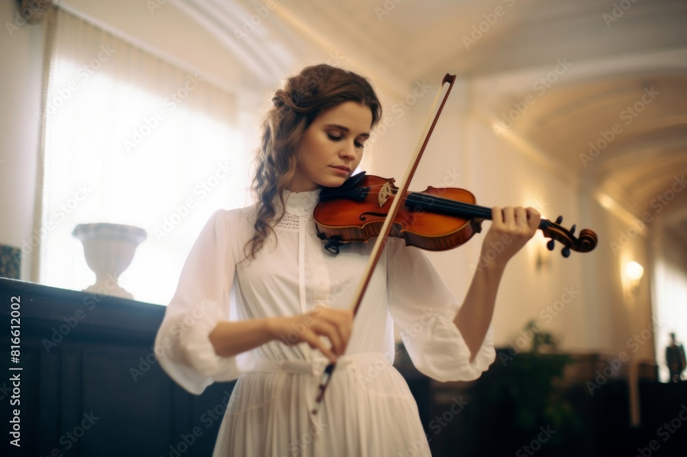 woman in white playing violin inside music school woman in white playing violin inside music school