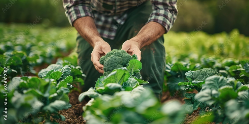A farmer inspecting organic broccoli for pests in a lush field. A farmer inspecting organic broccoli for pests in a lush field.