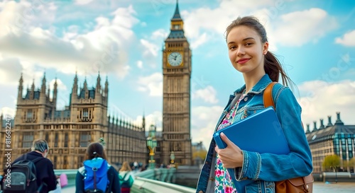 Young female tourist with backpack in front of Big Ben, London. Smiling student on travel. Iconic British landmark visit. Casual style, educational trip concept. AI