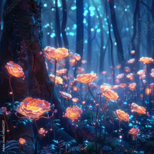 A forest where trees have vibrant  glowing flowers that light up the night.